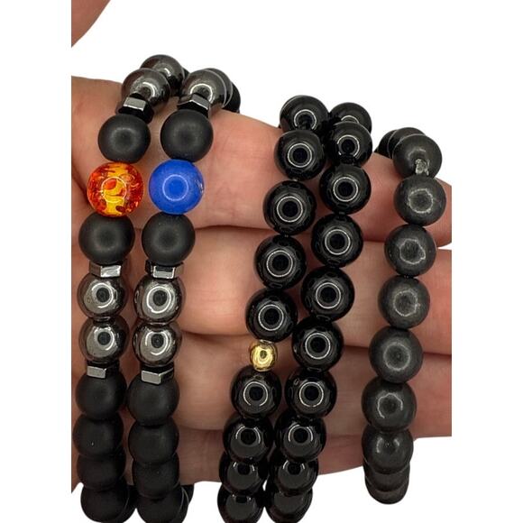 Glass, Shungite, Hematite Five Bracelet Set black, Orange, Blue Stacking Stretch - Picture 4 of 8
